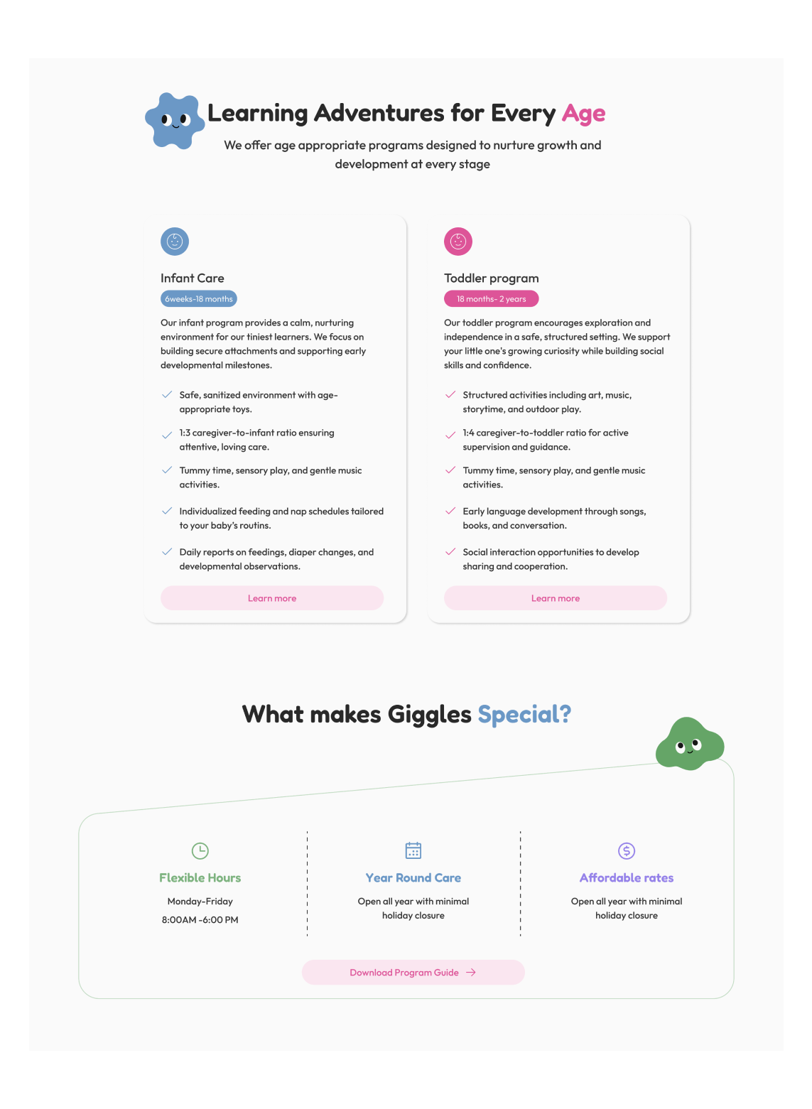 Giggles visual design — Learning Adventures for Every Age section showing infant care and toddler program cards, and the What makes Giggles Special section